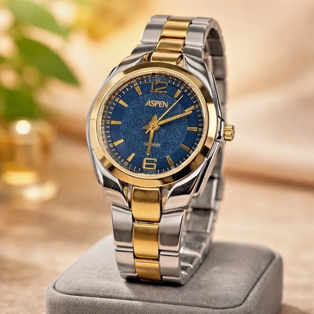 Aspen Two Tone Stainless Steel Quartz Watch Blue Dial Japan Movt Not Tested
